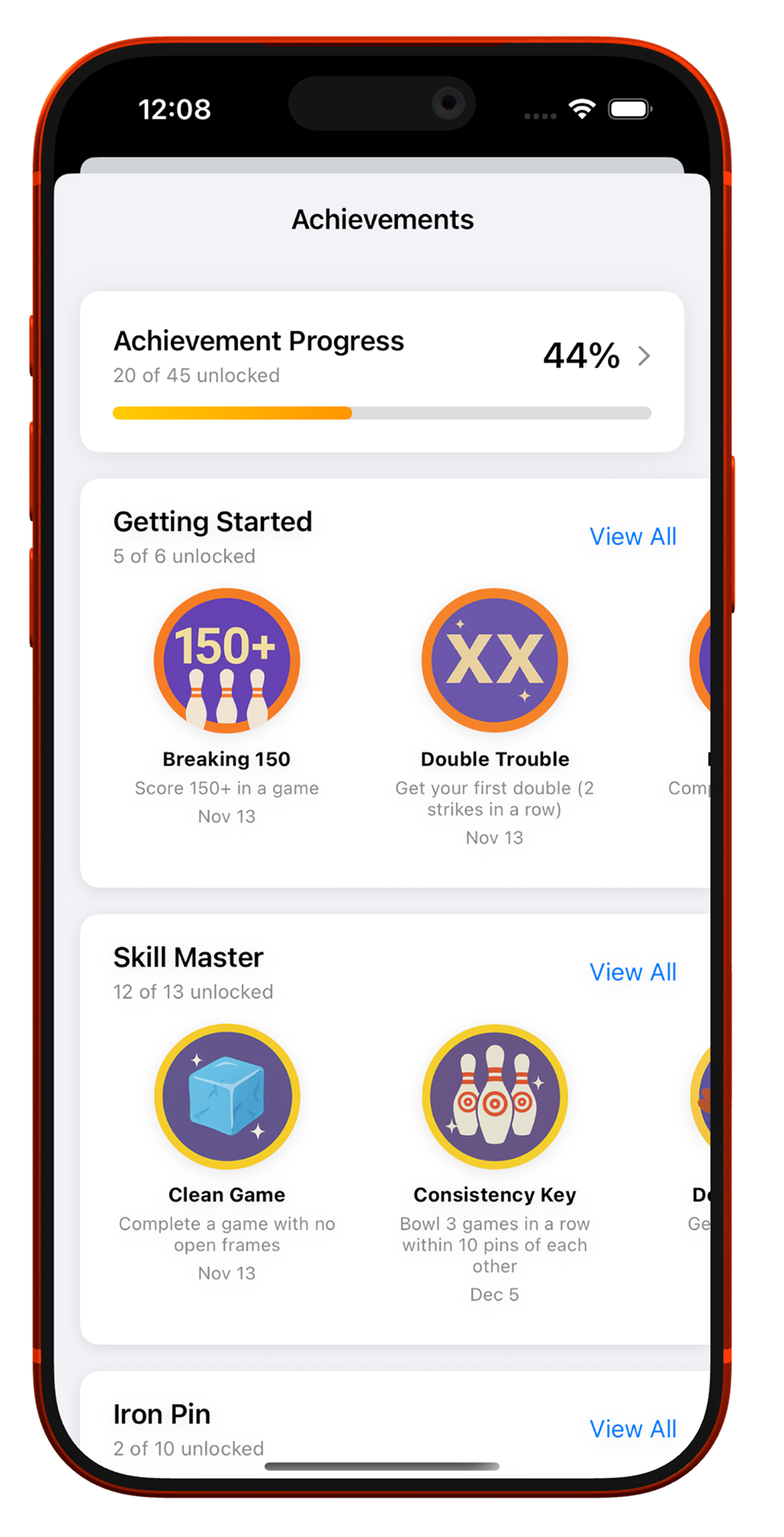 Bowling XP achievements screen showing unlockable badges across four categories