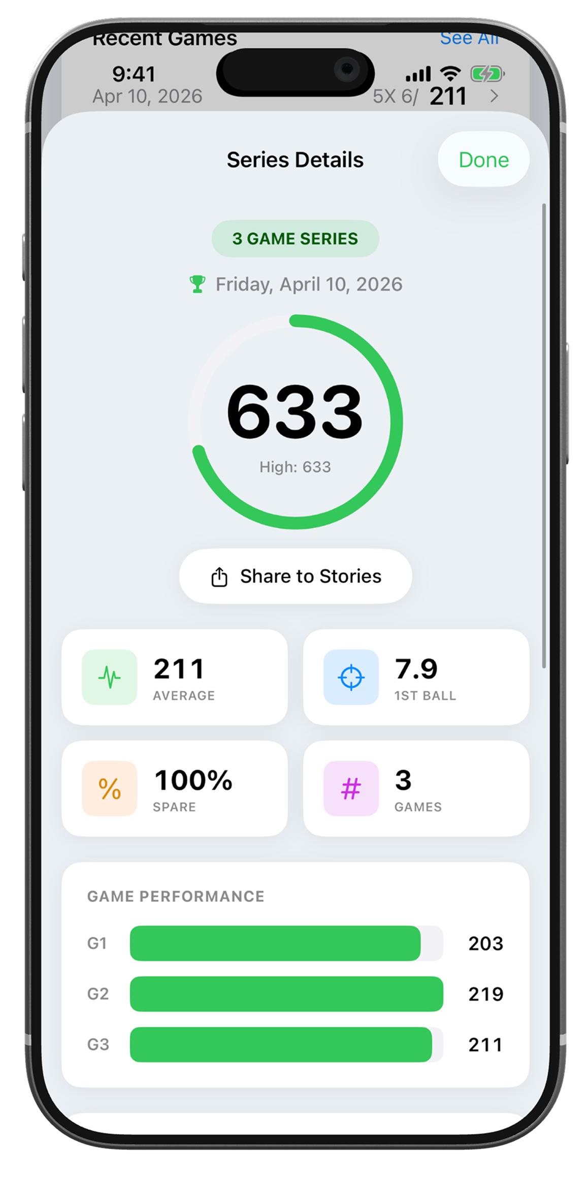 Bowling XP series details showing a 633 series with game-by-game performance breakdown
