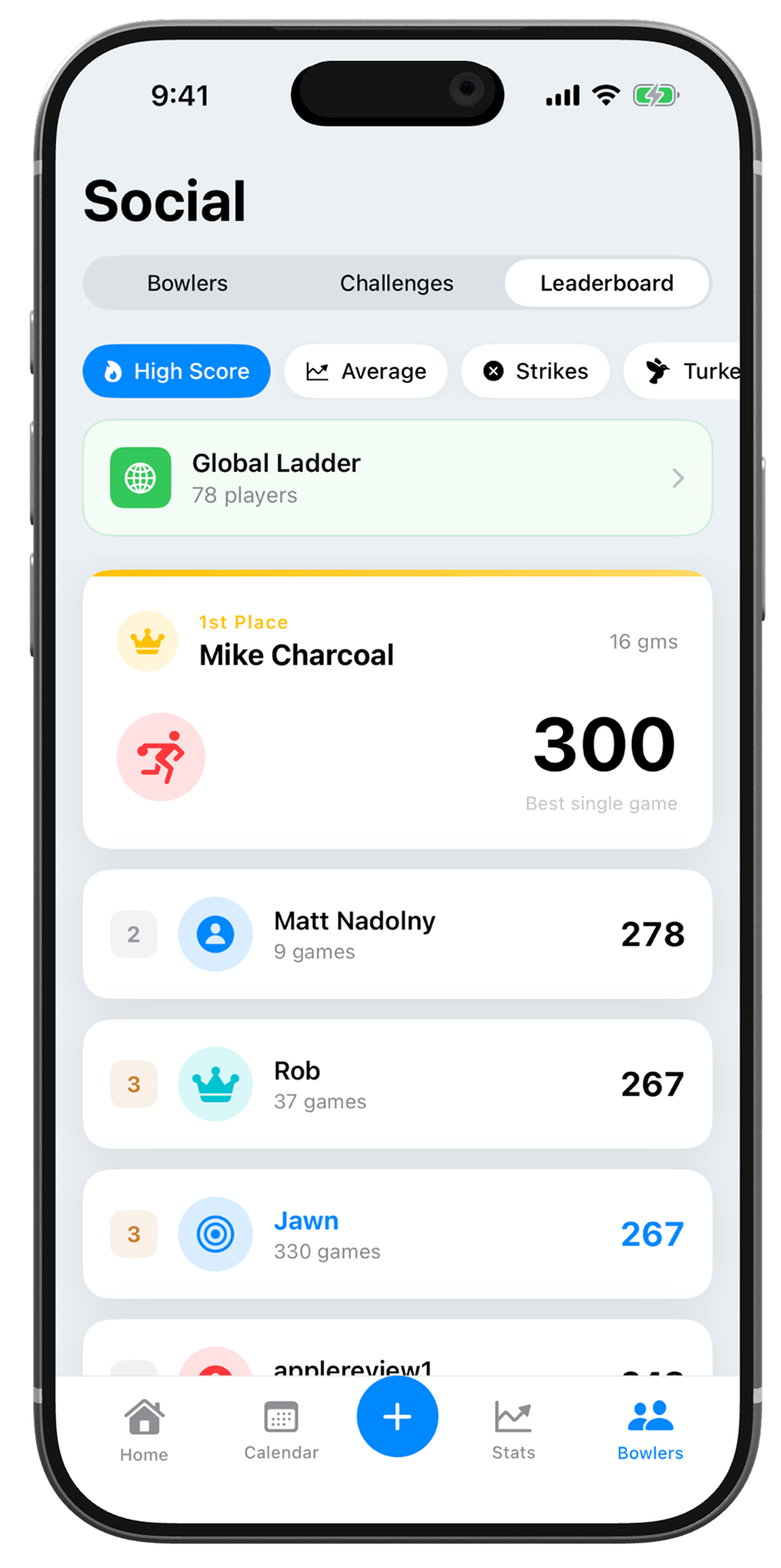 Bowling XP global leaderboard showing high score rankings across all players