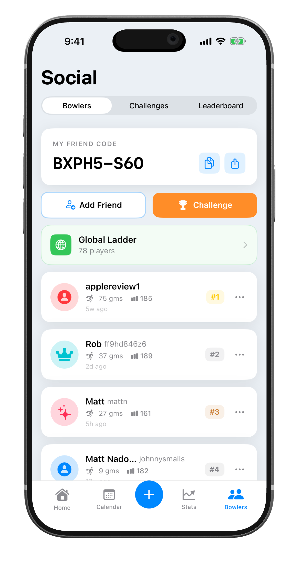 Bowling XP social screen with friend codes, friend list, and quick challenge buttons